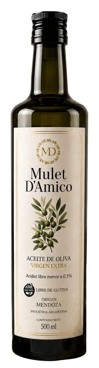 Botella de aceite de oliva virgen extra Mulet D'Amico sobre fondo blanco